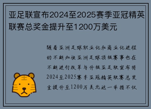 亚足联宣布2024至2025赛季亚冠精英联赛总奖金提升至1200万美元 亚足联宣布2024至2025赛季亚冠精英联赛总奖金提升至1200万美元