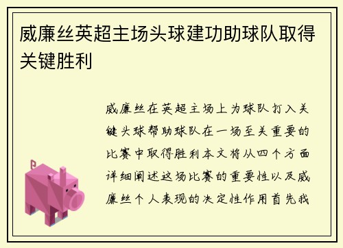威廉丝英超主场头球建功助球队取得关键胜利